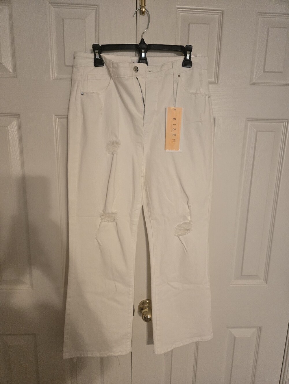Risen High-Rise White Distressed Straight Jeans